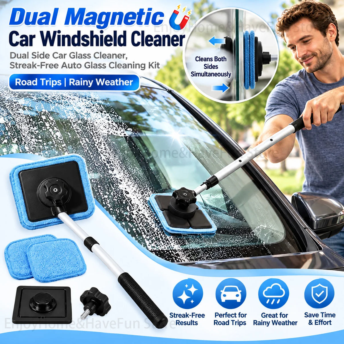 Limpiacristales magnético de coche doble cara limpiando el parabrisas